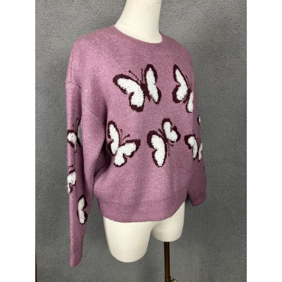 Hooked Up Junior "It Girl" Butterfly Pattern Crewneck Sweater Pink Medium NWTs - Picture 3 of 8